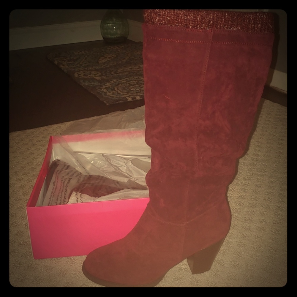 Knee high burgundy suede boots